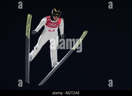 Pyeongchang, South Korea. 8th February, 2018. Peter Prevc (SLO). Mens normal hill individual. Qualification. Ski jumping. Alpensia ski jump centre. Pyeongchang2018 winter Olympics. Alpensia. Pyeongchang. Republic of Korea. 08/02/2018. Credit: Sport In Pictures/Alamy Live News Stock Photo