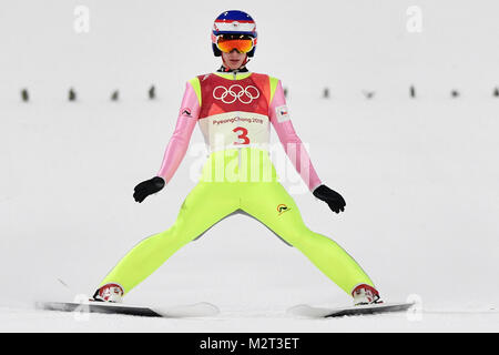 Pyeongchang, South Korea. 8th Feb, 2018. Viktor Polasek of Czech Republic during the men's normal hill individual ski jumping trial round for qualification ahead of the 2018 Winter Olympics in Pyeongchang, South Korea, Thursday, February 8, 2018. Credit: Michal Kamaryt/CTK Photo/Alamy Live News Stock Photo
