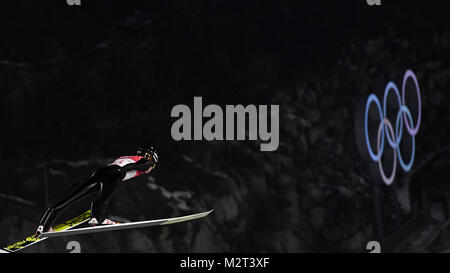 Pyeongchang, South Korea. 8th Feb, 2018. Andreas Wellinger of Germany during the men's normal hill individual ski jumping trial round for qualification ahead of the 2018 Winter Olympics in Pyeongchang, South Korea, Thursday, February 8, 2018. Credit: Michal Kamaryt/CTK Photo/Alamy Live News Stock Photo