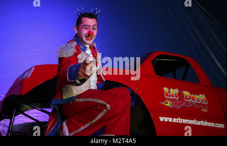 Manchester, UK. 8th Feb, 2018. Henry the Prince of Clowns preparing for the extreme circus European tour with organisers saying that 'because of its diverse and cultural background, Manchester was specifically chosen as the location. The two hour show merges modern and contemporary styles with extreme stunts and classic clown escapades', The Big Top,Event City, Manchester, 8th February, 2018 (C)Barbara Cook/Alamy Live News Stock Photo