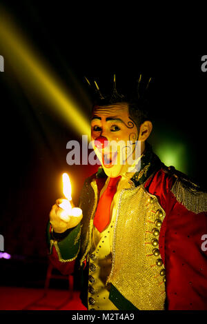 Manchester, UK. 8th Feb, 2018. Henry the Prince of Clowns preparing for the extreme circus European tour with organisers saying that 'because of its diverse and cultural background, Manchester was specifically chosen as the location. The two hour show merges modern and contemporary styles with extreme stunts and classic clown escapades', The Big Top,Event City, Manchester, 8th February, 2018 (C)Barbara Cook/Alamy Live News Stock Photo