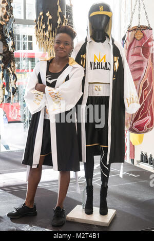 London, UK. 8th Feb, 2018. World and Olympic boxing champion Nicola Adams MBE launches a range of sports clothing with Everest Worldwide to be sold exclusively in Selfridges department store. The main collection consists of 10 pieces including long line hoodies, crew necks, and t-shirts, providing casual wear for use either on the way to the gym or other leisure activities. Credit: ZUMA Press, Inc./Alamy Live News Stock Photo