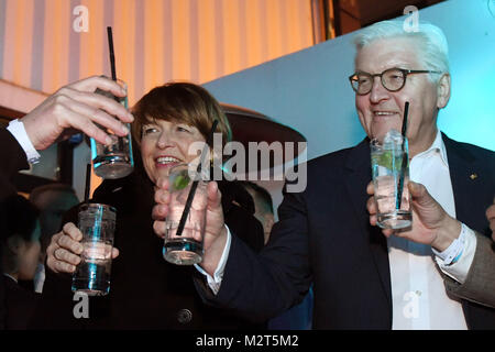 Seoul, South Korea. 8th Feb, 2018. German president Frank-Walter Steinmeier and his wife Elke Buedenbender attend a party of the German Embassy on the occasion of the Winter Olympics 2018 in Seoul, South Korea, 8 February 2018. Credit: Maurizio Gambarini/dpa/Alamy Live News Stock Photo