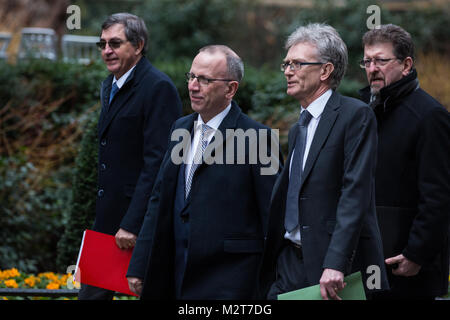 London, UK. 8th February, 2018. Japanese business leaders including Dr Johannes Jacobus van Zyl (left), President and CEO Toyota Motor Europe, Paul Wilcox (2nd left), EU Vice President of Nissan and Ian Howells (2nd right), Senior Vice President of Honda, arrive to attend talks hosted by Prime Minister Theresa May, Chancellor of the Exchequer Philip Hammond, Secretary of State for International Trade Liam Fox and Secretary of State for Business, Energy and Industrial Strategy Greg Clark Credit: Mark Kerrison/Alamy Live News Stock Photo