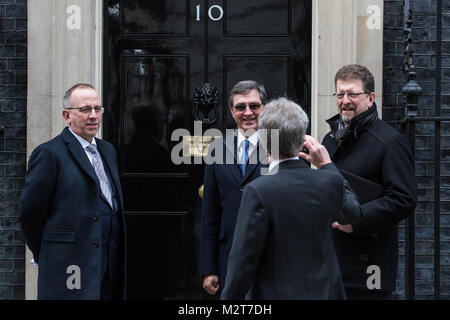 London, UK. 8th February, 2018. Japanese business leaders including Paul Wilcox (left), EU Vice President of Nissan, Dr Johannes Jacobus van Zyl (2nd left), President and CEO Toyota Motor Europe, and Ian Howells (2nd right), Senior Vice President of Honda, arrive to attend talks hosted by Prime Minister Theresa May, Chancellor of the Exchequer Philip Hammond, Secretary of State for International Trade Liam Fox and Secretary of State for Business, Energy and Industrial Strategy Greg Clark Credit: Mark Kerrison/Alamy Live News Stock Photo