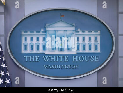 Washington DC, USA. 8th February, 2018. Logo behind the podium in the James S. Brady Press Briefing Room of the White House in Washington, DC on Thursday, February 8, 2018. Credit: Ron Sachs/CNP /MediaPunch Credit: MediaPunch Inc/Alamy Live News Stock Photo
