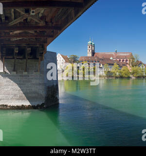 The longest, covered wooden bridge in Europe and Fridolinsmünster, Bad Säckingen, Hochrhein, southern Black Forest, Baden-Wurttemberg, Germany Stock Photo