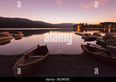 boats on the Schluchsee at sundown, Black Forest, Baden-Wurttemberg, Germany Stock Photo