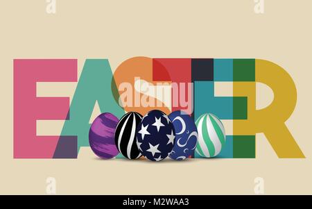 Happy Easter background with realistic decorated eggs and colorful multiply text . Greeting card trendy design. Invitation template Vector illustratio Stock Vector
