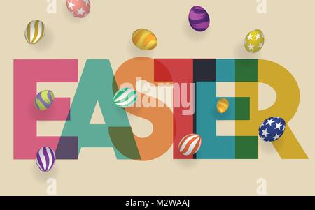 Happy Easter background with realistic decorated eggs and colorful multiply text . Greeting card trendy design. Invitation template Vector illustratio Stock Vector