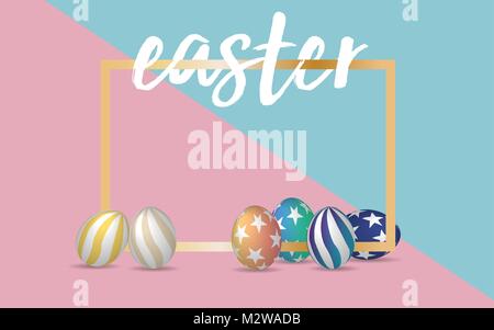 Handrawn Easter font with 3d Easter eggs in Pastel Pink and  green color palette background. Vector ilustration.EPS 10 Stock Vector