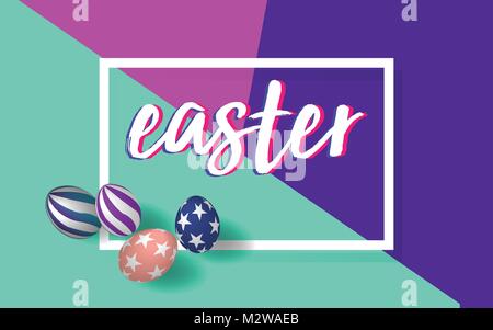 Handwritten Easter font with 3D Easter eggs in brightness colors background Stock Vector