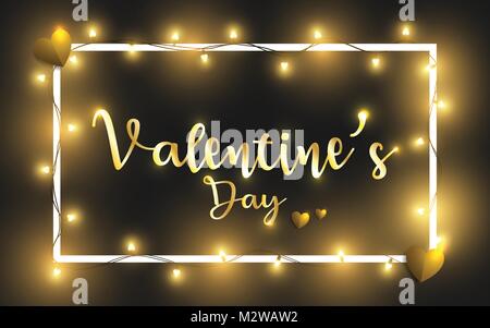 Happy Valentine's Day vector illustration. Valentine's Day abstract and golden hearts. Yellow ligts shinning. EPS 10 Stock Vector