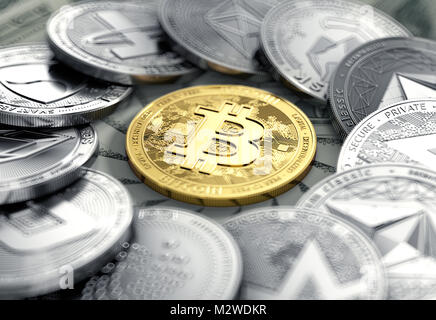 Bitcoin in the middle of cryptocurrency coins circle laying on dollar bills in blurry macro shot. Bitcoin in the center of attention concept. 3D rende Stock Photo