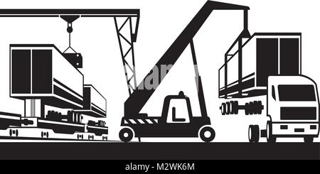 Crane moves container from truck to carriage - vector illustration Stock Vector