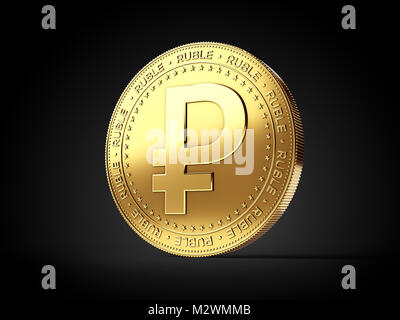 Ruble (RUB) sign on golden coin isolated on black background. Realistic 3D rendering Stock Photo