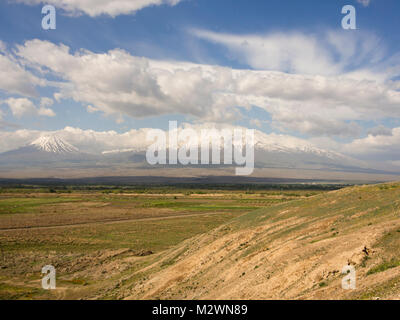 Fields on the Armenian Turkish border with the Ararat mountain as backdrop, taken from the Khor Virap monastery Stock Photo