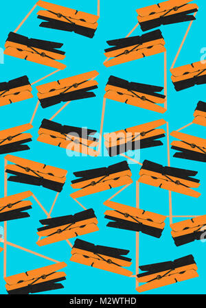 Resource design blue background with orange objects. Colorful illustration of design with daily orange objects, Clothespins, on blue background. Stock Photo