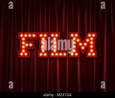 Film lightbulb lettering word against a red theatre curtain. 3D Rendering Stock Photo