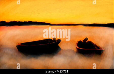 Original oil painting of boats in red sunset colors.Sunset over ocean.Modern Impressionism Stock Photo