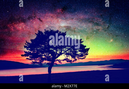 alien landscape with alone tree over the night sky with many stars - elements of this image are furnished by NASA Stock Photo