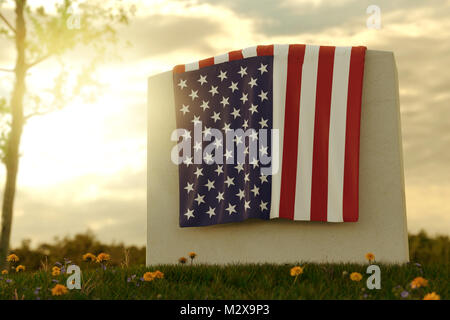 3d rendering of close up American flag laying on grave at the peaceful flower meadow to remember the memorial day Stock Photo