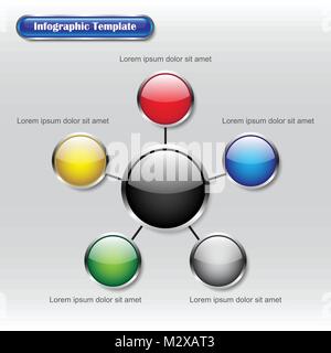 Vector Illustration Infographic Template Designed As Six Glossy Buttons. A Big Black One Is In The Middle Connected With Five Different Color Ones. Stock Vector