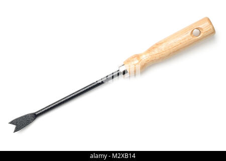Garden weeding fork isolated on white background. Top view Stock Photo