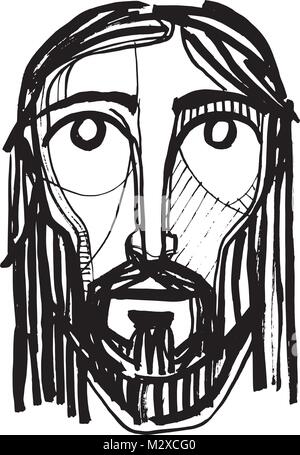 Hand drawn vector ink illustration of Jesus Christ Face Stock Vector