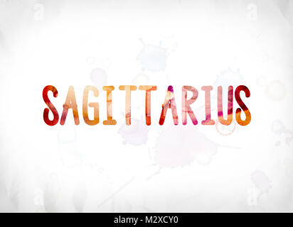 The word Sagittarius concept and theme painted in colorful watercolors on a white paper background. Stock Photo