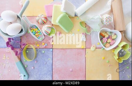 Colorful ingredients for baking and decorating easter cookies Stock Photo