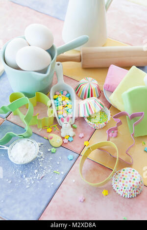 Colorful ingredients for baking and decorating easter cookies Stock Photo