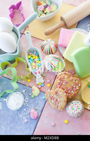 Colorful ingredients for baking and decorating easter cookies Stock Photo