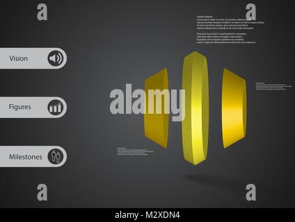 3D illustration infographic template with motif of round hexagon vertically divided to three yellow parts with simple sign and sample text on side in  Stock Vector