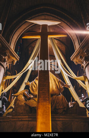 Paris, France - Nov 29, 2013: Interior view of Notre-Dame Cathedral, one of finest examples of French Gothic architecture in Paris. Construction began Stock Photo