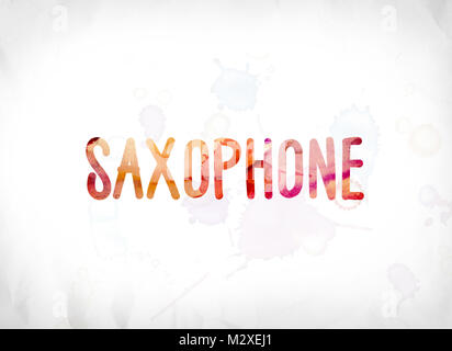 The word Saxophone concept and theme painted in colorful watercolors on a white paper background. Stock Photo