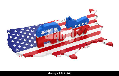 Democrat Donkey and Republican Elephant with America Map Flag Stock Photo