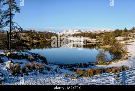 Loughrigg Tarn in the winter with the Langdale Pikes behind on a cold and snowy February morning Stock Photo