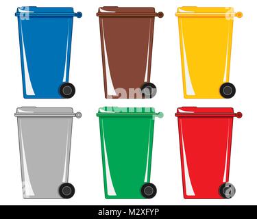 a vector illustration in eps 8 format of six colorful wheelie bins for refuse and recycling on a white background Stock Vector