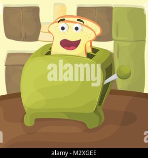 Cute illustration of a toast in the toaster. Cute character and faces and smiles Stock Vector