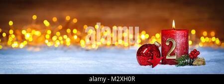 second sunday in advent concept xmas light wooden wide panorama background with candles ball bauble stars Stock Photo