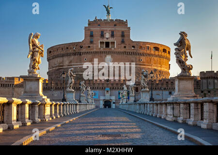 Early morning view across Ponte Sant Angelo to Castel Sant Angelo - the Mausoleum of Hadrian, Rome, Lazio Italy Stock Photo
