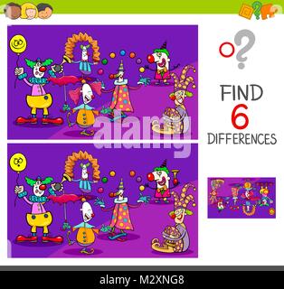 Cartoon Illustration of Find and Spot Six Differences Between Pictures Educational Activity Game for Kids with Clown Characters Group Stock Vector