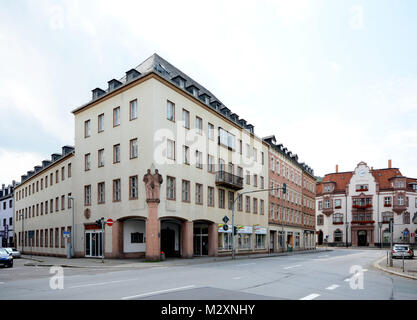 Aue, Saxony, Schneeberger street, street line close city hall in the background Stock Photo