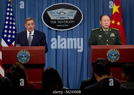 Defense Secretary Leon E. Panetta conducts a joint press briefing with China’s Minister of National Defense, Gen. Liang Guanglie at the Pentagon, May 7, 2012. (DOD photo by U.S. Navy Petty Officer 1st Class Chad J. McNeeley) Joint news conference by #PACOM Stock Photo