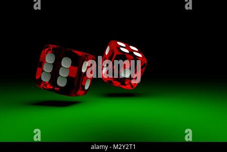 Two rolliing dices on green casino table. Concept of gambling. Stock Photo