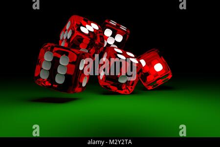 Five rolliing dices on green casino table. Concept of gambling. Stock Photo