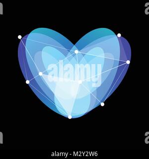 Blue abstract glass heart symbol with lines web and dots on black background, unusual isolated vector logo. Unconventional love sign on black background. Stock Vector