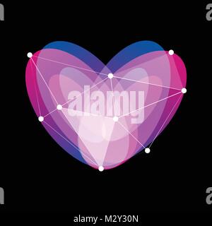 Isolated unusual abstract glass vector symbol of purple, blue and violet color heart. Colorful love logo of Saint Valentines Day with lines and dots on black background. Stock Vector