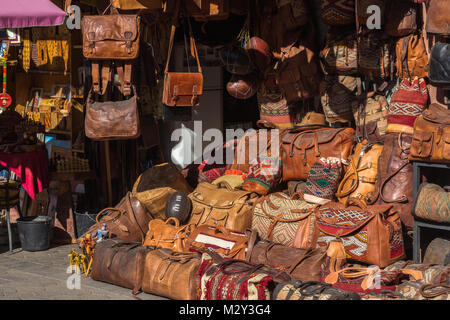 Traditional, handmade leather bags for sale in the souks of Marrakesh, Morocco. Stock Photo